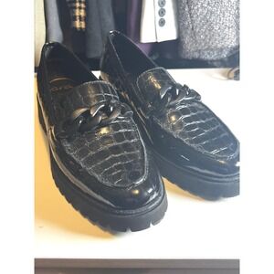 Ara High Soft Platform Loafers‎ Chain Accent Lug Sole Trendy Black 9